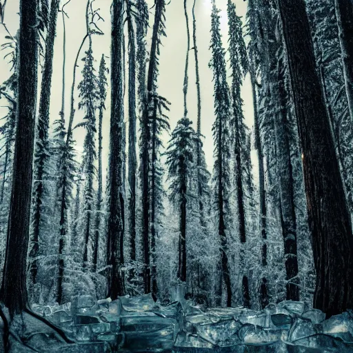 Prompt: professional photograph of a forest made of ice, high quality, cinematic lighting, hd, 4 k, 8 k