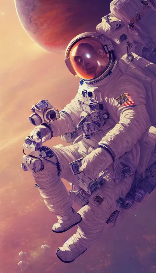 Prompt: the last selfie taken on earth, astronaut, the end of the earth, highly detailed, digital painting, trending on artstation, octane render, illustration by james jean