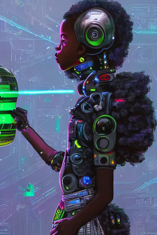 Image similar to a black kid playing with a futuristic robot in the nature, mixing solarpunk, afropunk, cyberpunk, ( ( ( ( volumetric light ) ) ) ), high angle, part by pearl fryar, part by prince damah, sunny day, trending on artstation, cinematic view, illustration, painting, realistic