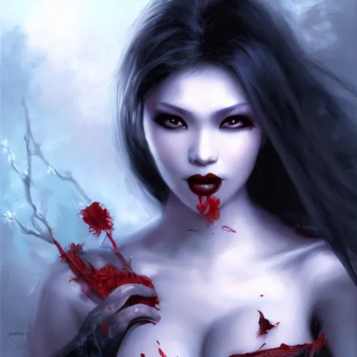 Prompt: beautiful asian vampire woman, paint by Raymond Swanland