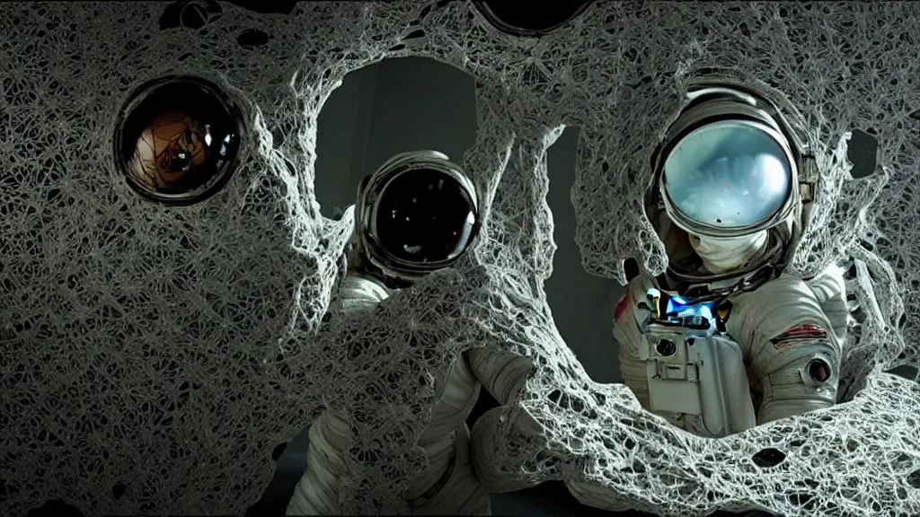 Image similar to a single astronaut eva suit interwoven with diamond 3d fractal lace iridescent bubble 3d skin and covered with insectoid compound eye camera lenses floats through the living room, film still from the movie directed by Denis Villeneuve with art direction by Salvador Dalí, wide lens,