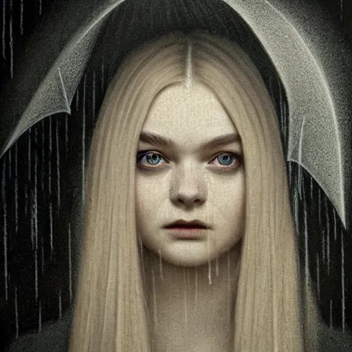 Prompt: a striking esoteric painting of Elle Fanning in the rain, dark, metal, black background, occult, by Grant Wood