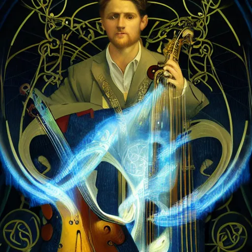 Prompt: stunning, breathtaking, awe-inspiring award-winning concept art nouveau painting of a well dressed bard surrounded by musical notes made of light energy, by John Avon, extremely moody lighting, glowing light and shadow, atmospheric, cinematic, 8K