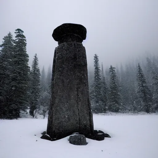 Prompt: a monolithic pillar temple in a taiga. snowing, overcast sky, grainy.