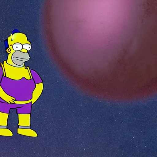 Image similar to CG Homer Simpson as Thanos, cinematic, anamorphic 4K