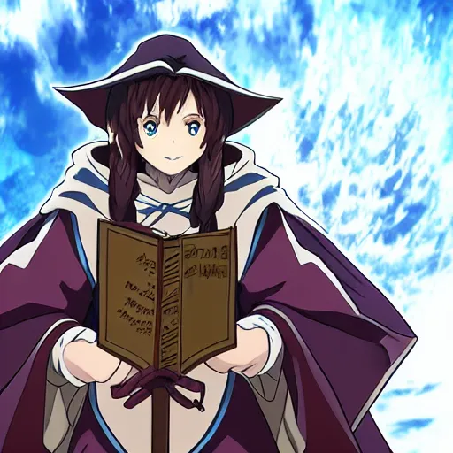 Image similar to A female wizard with brown hair wearing a blue hood and blue robe holding a book in the style of the goblin slayer anime