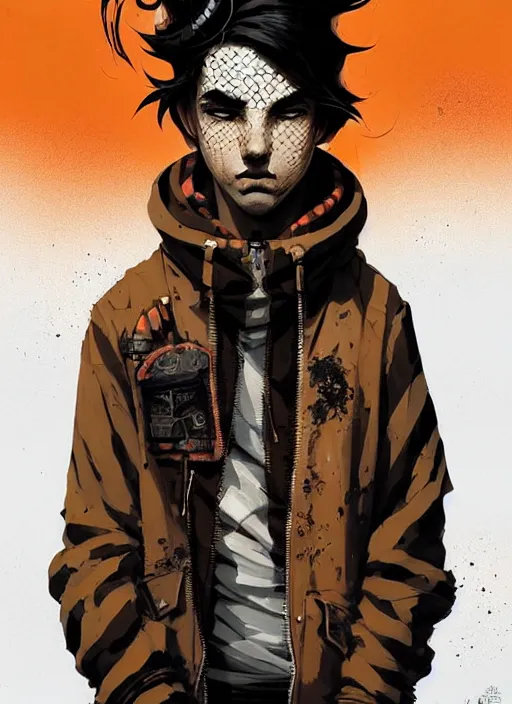 Prompt: highly detailed portrait of a sewer punk ricardo milos, tartan hoody, ringlet hair by atey ghailan, by greg rutkowski, by greg tocchini, by james gilleard, by joe fenton, by kaethe butcher, gradient orange, black, cream and white color scheme, grunge aesthetic!!! ( ( graffiti tag wall background ) )