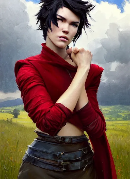 Image similar to portrait of Ruby rose of RWBY, countryside, calm, fantasy character portrait, dynamic pose, above view, sunny day, thunder clouds in the sky, artwork by Jeremy Lipkin and Giuseppe Dangelico Pino and Michael Garmash and Rob Rey, very coherent asymmetrical artwork, sharp edges, perfect face, simple form, 100mm