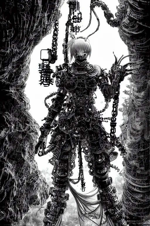 Image similar to a vertical portrait of a character in a scenic environment by Yoshitaka Amano and Nihei Tsutomu, black and white, dreamy, steampunk armor, highly detailed