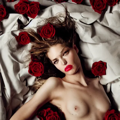 Image similar to a fashion photo of a beautiful model, a bed of roses, by ted gibson, jen atkin, tom eerebout, elizabeth saltzman, peter lindbergh, tim walker, symmetry, full face, studio lighting, dlsr,