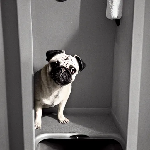 Prompt: a pug climbing out of a toilet, bathroom interior background, photo