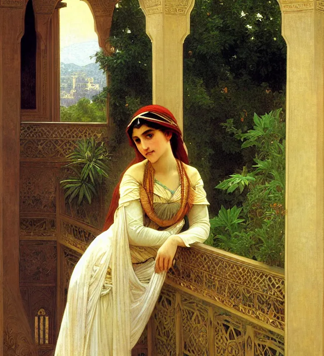 Prompt: intricate oil painting of a pretty young arabian princess on her palace balcony, looking out over her garden, elegant, digital painting, sharp focus, illustration, ultra realistic, 8 k, by bouguereau, alphonse mucha, edmund dulac