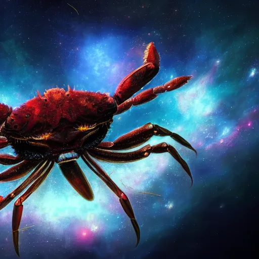 Image similar to a giant crab constellation flying through a nebula by WLOP and tony sart, fantasy art, 4k, HDR, photorealistic, 8k, trending on artstation