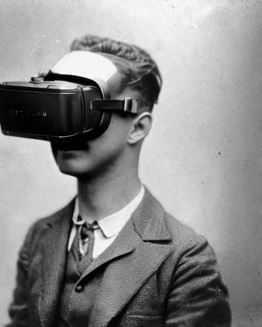 Prompt: 1 9 0 0 s photo of a person wearing a vr virtual reality headset photo grain double scratches dust exposure masterpiece
