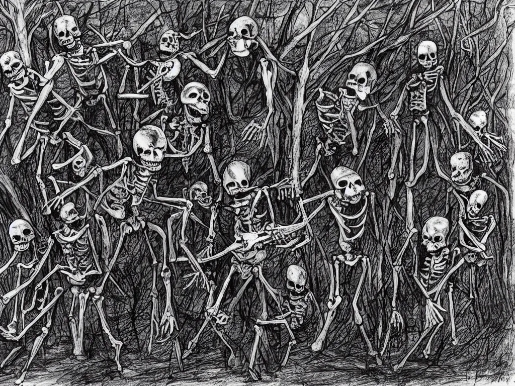 Prompt: frightened screaming human skeletons being chased by scp-106 in a dark forest at night, art by irina french, tom cross
