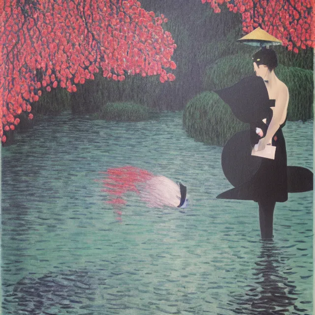 Image similar to painting of flood waters, zen, a tall catgirl art student, a river flooding inside, art supplies, pigs, ikebana, water, river, rapids, waterfall, black swans, canoe, pomegranate, berries dripping, acrylic on canvas, surrealist, by magritte and monet