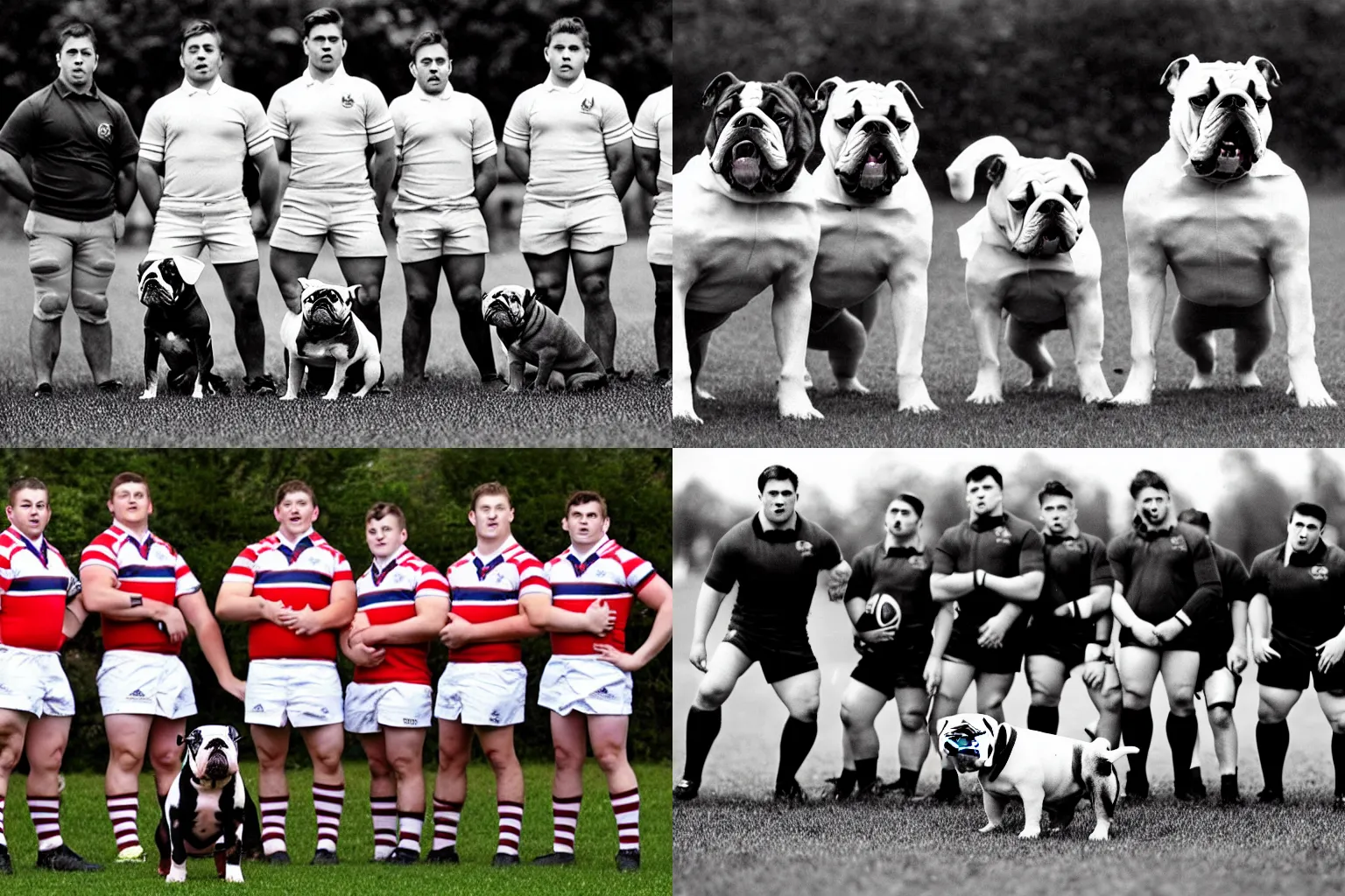 Prompt: A pack of bulldogs in rugby uniforms. Dogs, canines. Sports photo.
