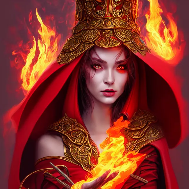 Prompt: beautiful elemental fire witch with ornate red robes and staff, highly detailed, 8 k, hdr, smooth, sharp focus, high resolution, award - winning photo, artgerm, photorealistic