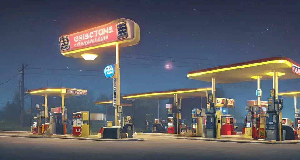 Prompt: a quaint suburban gas station at night. a colossal science fiction mech looms in the distance, realistic rendering, unreal engine, 4k, hdr, high dynamic range, f12, simon stalenhag