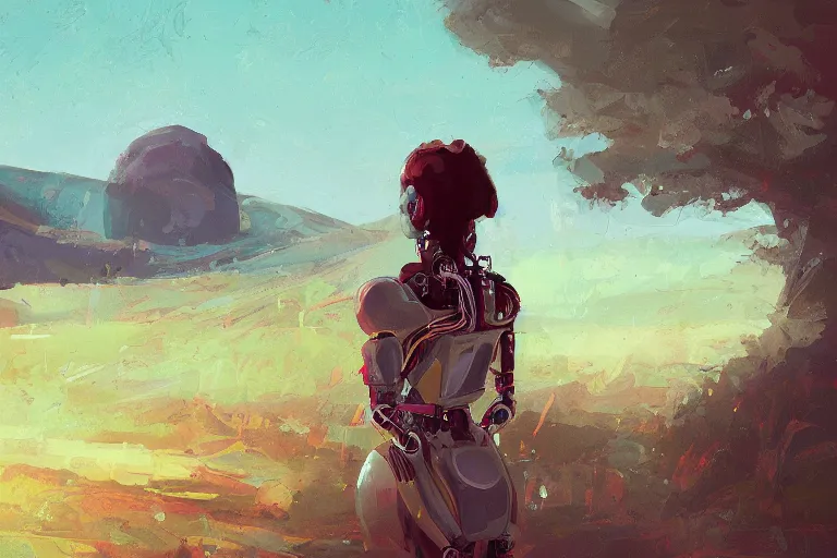 Prompt: Elizabeth and her robot. Beautiful landscape. Rough strokes and grainy. Interesting colour scheme. Detailed. Beautiful digital art by artist Lurid. (2022)