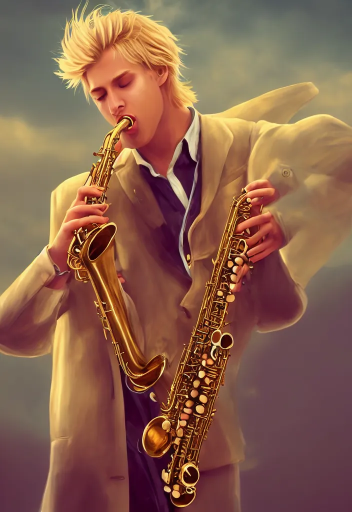 Prompt: a highly detailed illustration of a blond man with nice cloths playing the sax, on a nice calm serene environment, nature fractal on the background artstation, DeviantArt, professional, octane render, vector art