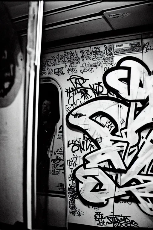 Image similar to subway cabin inside all in graffiti, man in stussy jacket closeup writing graffiti, night, film photography, exposed b & w photography, christopher morris photography