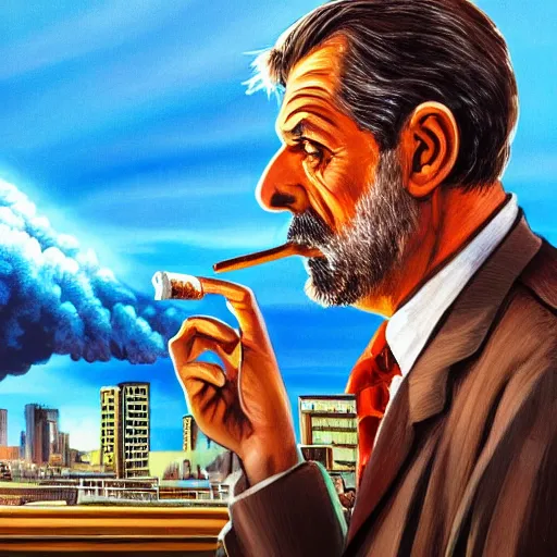 Prompt: Mr. House, realistic, highly detailed face, looks at the, ! big nuclear explosion !,nuclear fungus, from the window of the Lucky 38 Casino, man smokes a cigar, ! holding in his Hand !, arm,cigarette advertising, hyperdetailed, artstation trending, ultra HD, artstation, photorealism, ultrarealistic, retro, 45mm, elegant,