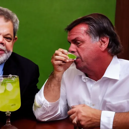 Image similar to Luis Inacio Lula da Silva and Bolsonaro drinking a caipirinha together realistic, 4k image, news, notícia