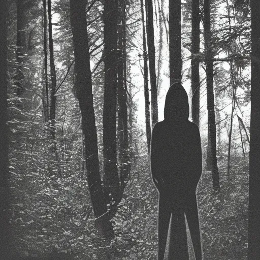 Image similar to grainy surveillance photo still of an alien in the woods at night hiding in the trees of a forest