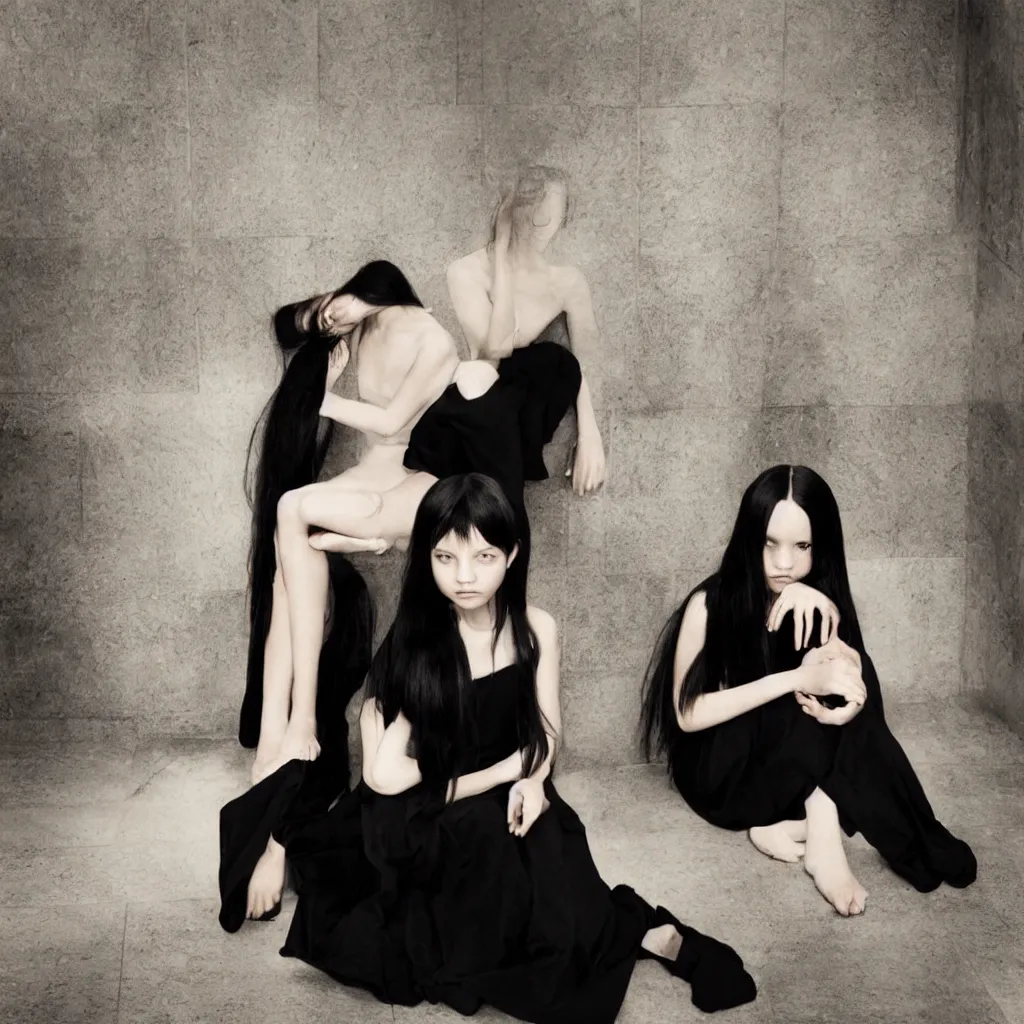 Prompt: a young girl with straight long black hair wearing black dress and sitting on bathroom floor, art by artgem with help of mario testino and vanessa beecroft