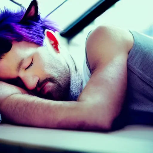 Image similar to man sleeping with a boy with purple hair and cat ears standing in window, dark lighting