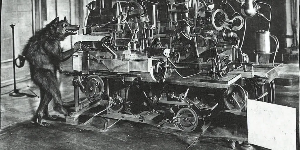 Image similar to anthropomorphic furry wolf controlling an obscure machine, 1900s photograph