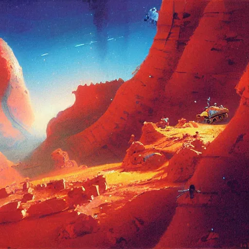 Image similar to a village hanging off a cliff on mars by paul lehr,