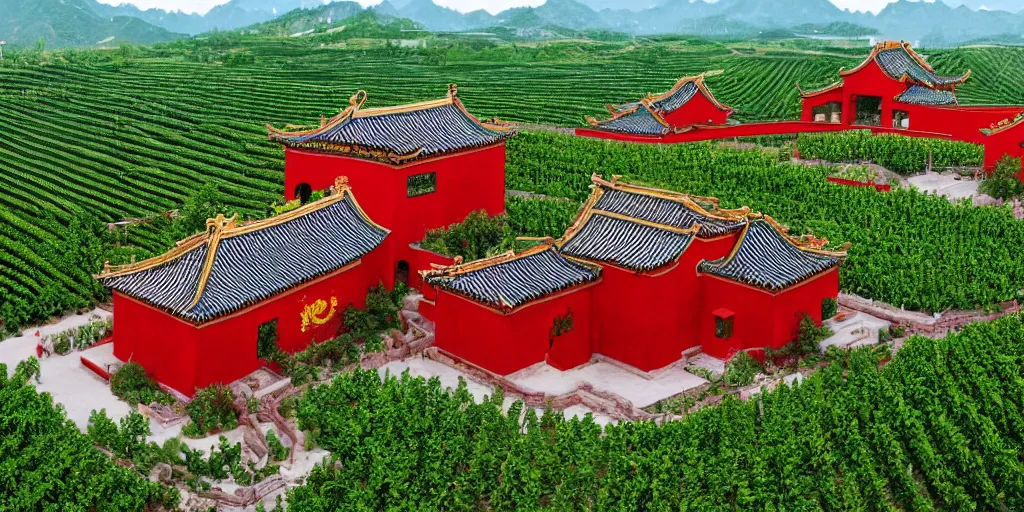 Prompt: A Chinese style winery with red walls and a green roof. The vineyards are sprawling and green, with a river winding through them. In the distance, there are mountains. by zhang zeduan, painting on silk, mi fu, immaculate scale, hyper-realistic, Unreal Engine, Octane Render, digital art, trending on Artstation, 8k, detailed, atmospheric, immaculate