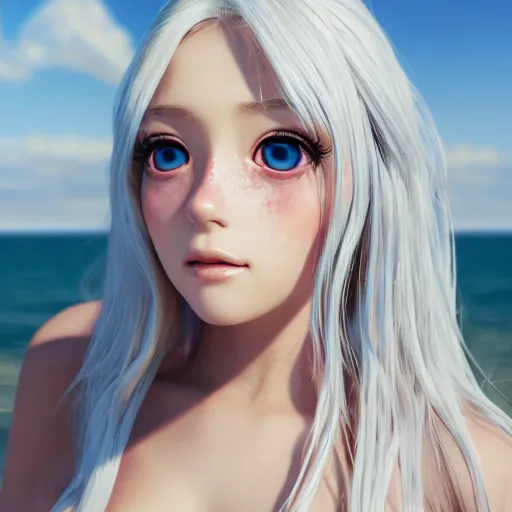 Image similar to Render of a beautiful 3d anime woman, long white hair, blue eyes, cute freckles, blush, full round face, soft smile, cute sundress, golden hour, serene beach setting, medium shot, mid-shot, hyperdetailed, trending on Artstation, Unreal Engine 4k