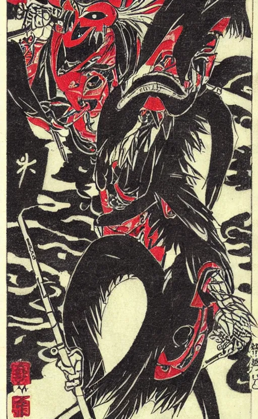 Image similar to by akio watanabe, manga art, portrait of tengu masked demon, dark festival, trading card front