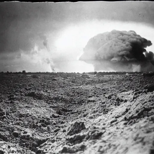 Image similar to a photo taken from inside of a trench showing a nuclear explosion in the distance, you can see the explosion's shockwave in the clouds, realistic, taken on a ww 2 camera.