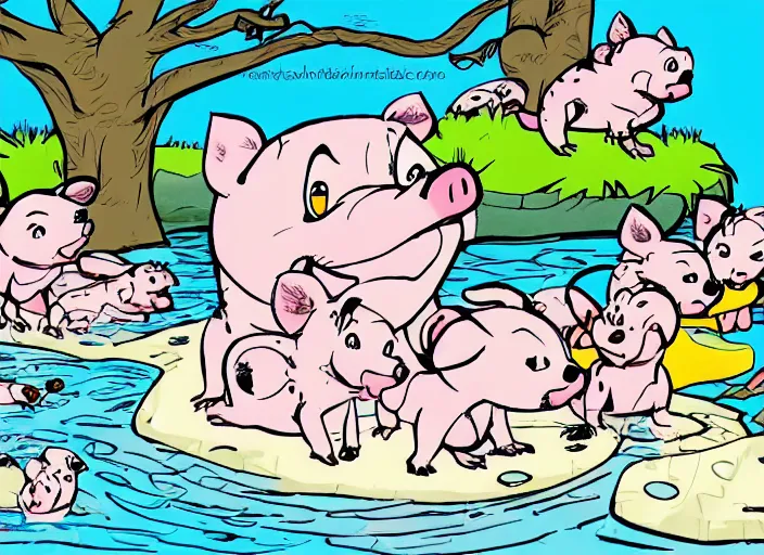 Image similar to one dalmatian piglet surrounded by chickadees in a swimming pool. comic style