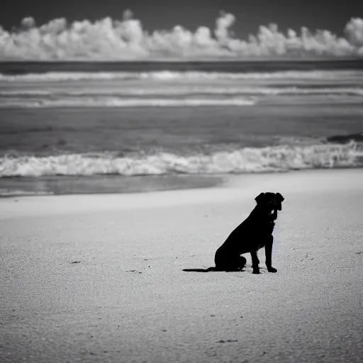 Prompt: black and white photograph of a dog that is a king in the beach