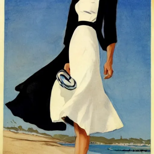 Prompt: woman in black dress, in the middle of the beach, pretty face, black shoes, leyendecker style