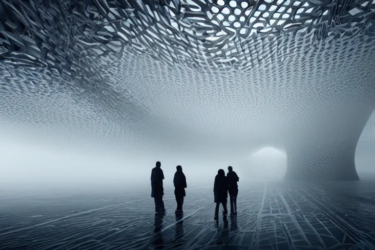 Image similar to tourists visiting a complex organic fractal 3 d ceramic megastructure, cinematic shot, foggy, photo still from movie by denis villeneuve