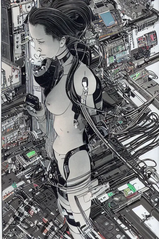 Prompt: an hyper-detailed cyberpunk illustration of a female android sat on the floor in a tech labor, seen from the side with her body open showing cables and wires coming out, by masamune shirow, and katsuhiro otomo, japan, 1980s, centered, colorful