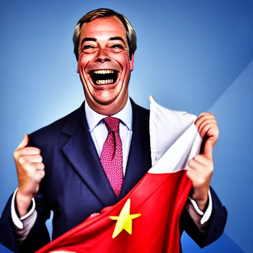 Image similar to nigel farage laughing holding burning eu flag, studio photograph, hd, studio