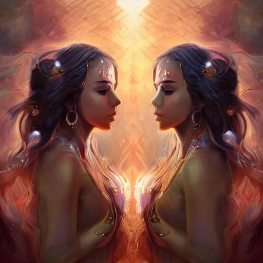 Image similar to two identical beautiful priestesses having a battle, detailed digital art, smooth, beautiful lighting