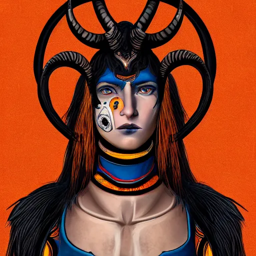 Prompt: illustrated portrait of skinny prominently ram-horned woman with solid black eyes orange skin and blue hair wearing leather armor, hyper detailed, photorealistic