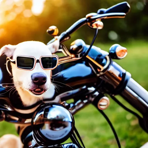 Prompt: dog riding a motorcycle with glasses