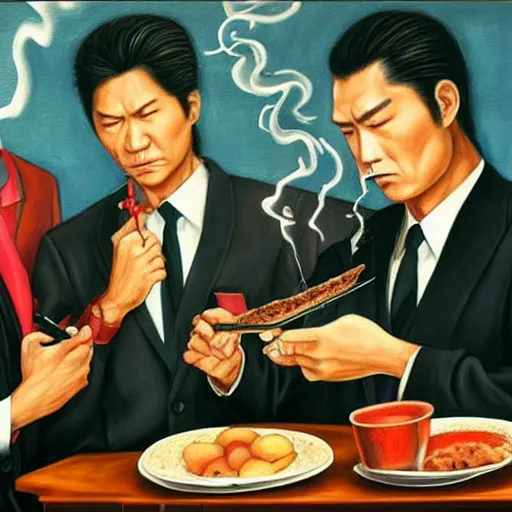 Prompt: realistic portrait painting of yakuza wearing suits while smoking and eating in the style of soviet realism