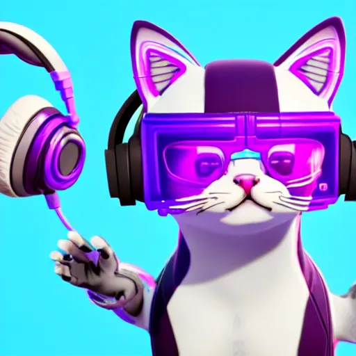 Prompt: A purple and white tabby kitten wearing futuristic headphones and cyberpunk shades with 2 otters in Fortnite, stylized, game assets, 4K, clean