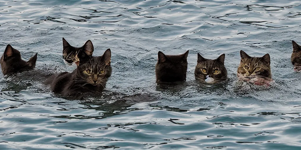 Image similar to cats swimming in a lake in colombo sri lanka city, by Shinkai, Makoto