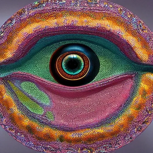 Prompt: A beautiful sculpture a large eye that is looking directly at the viewer. The eye is composed of a myriad of colors and patterns, and it is surrounded by smaller eyes. The smaller eyes appear to be in a state of hypnosis, and they are looking in different directions. Cinnabon by Gertrude Abercrombie random